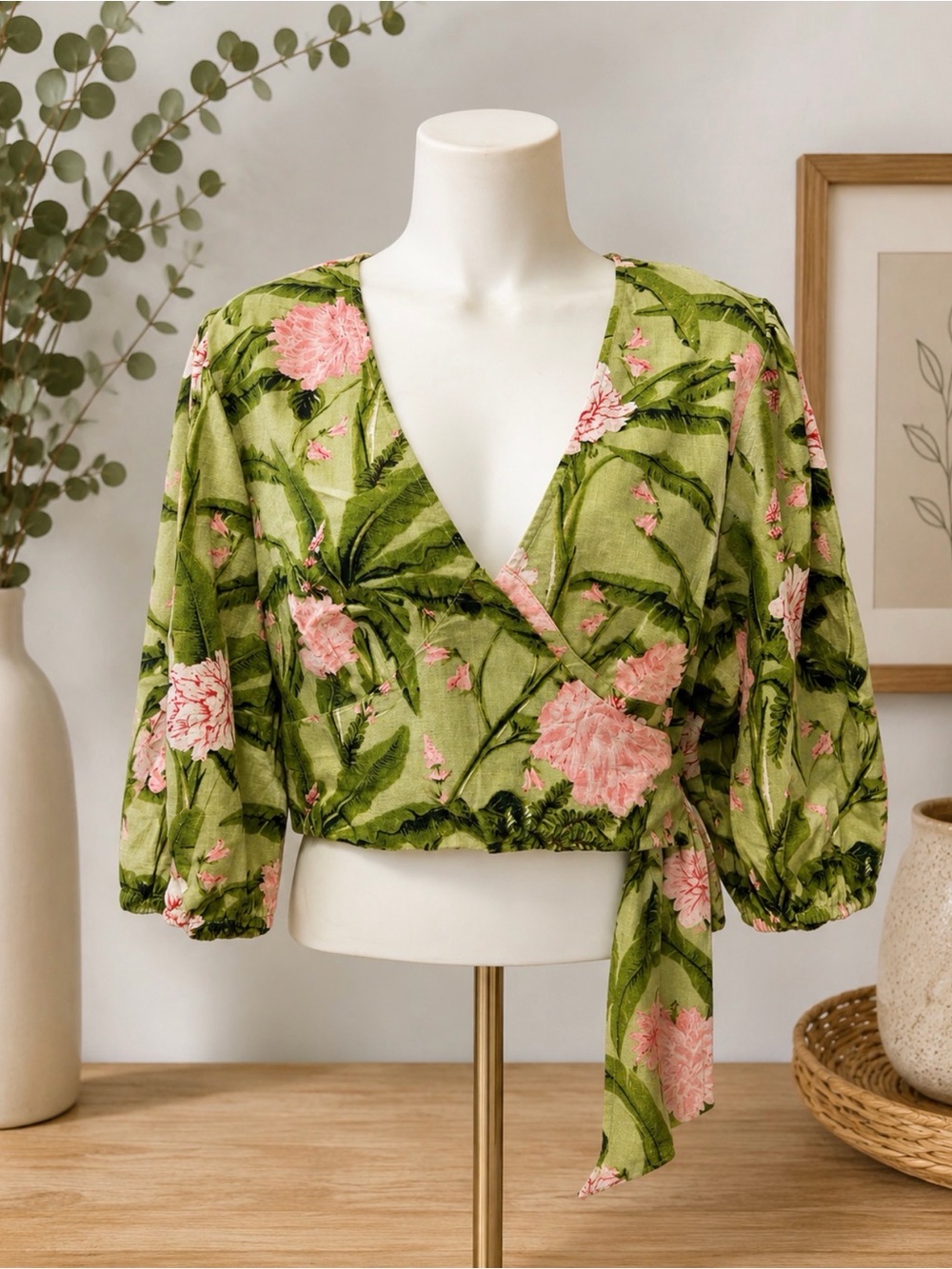 Agua Bendita Green & Pink Floral Wrap Crop linen blend Top xl
